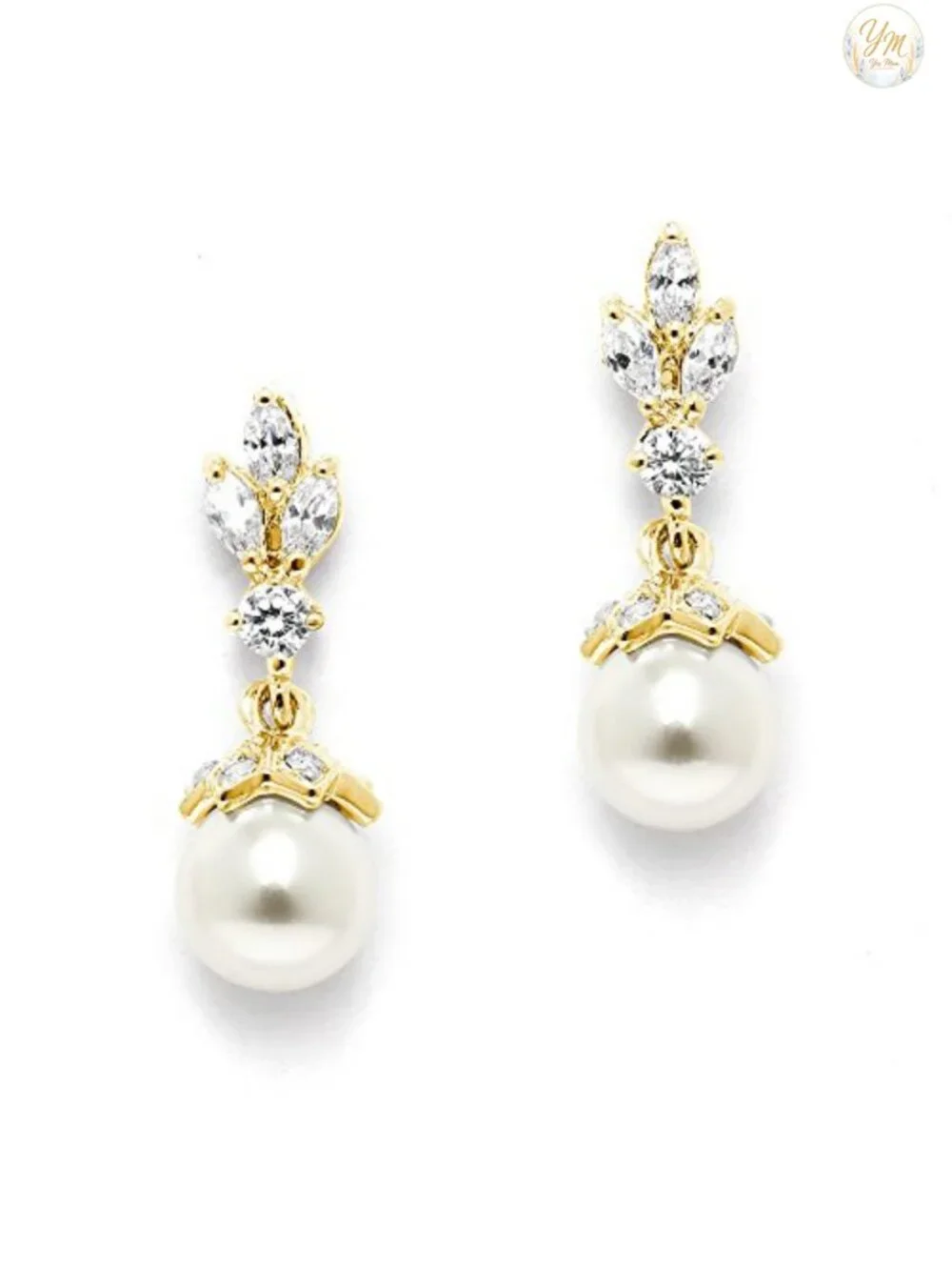 Gold Plated Pearl Drop Earrings Bridal Cubic Zirconia Dangle